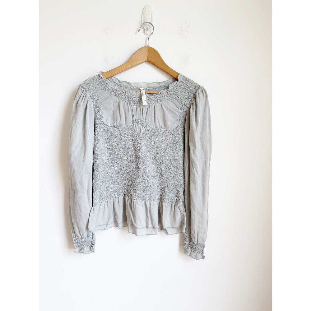 By Anthropologie Balloon-Sleeve Smocked Peplum Blouse Small Green Gray - Picture 2 of 6